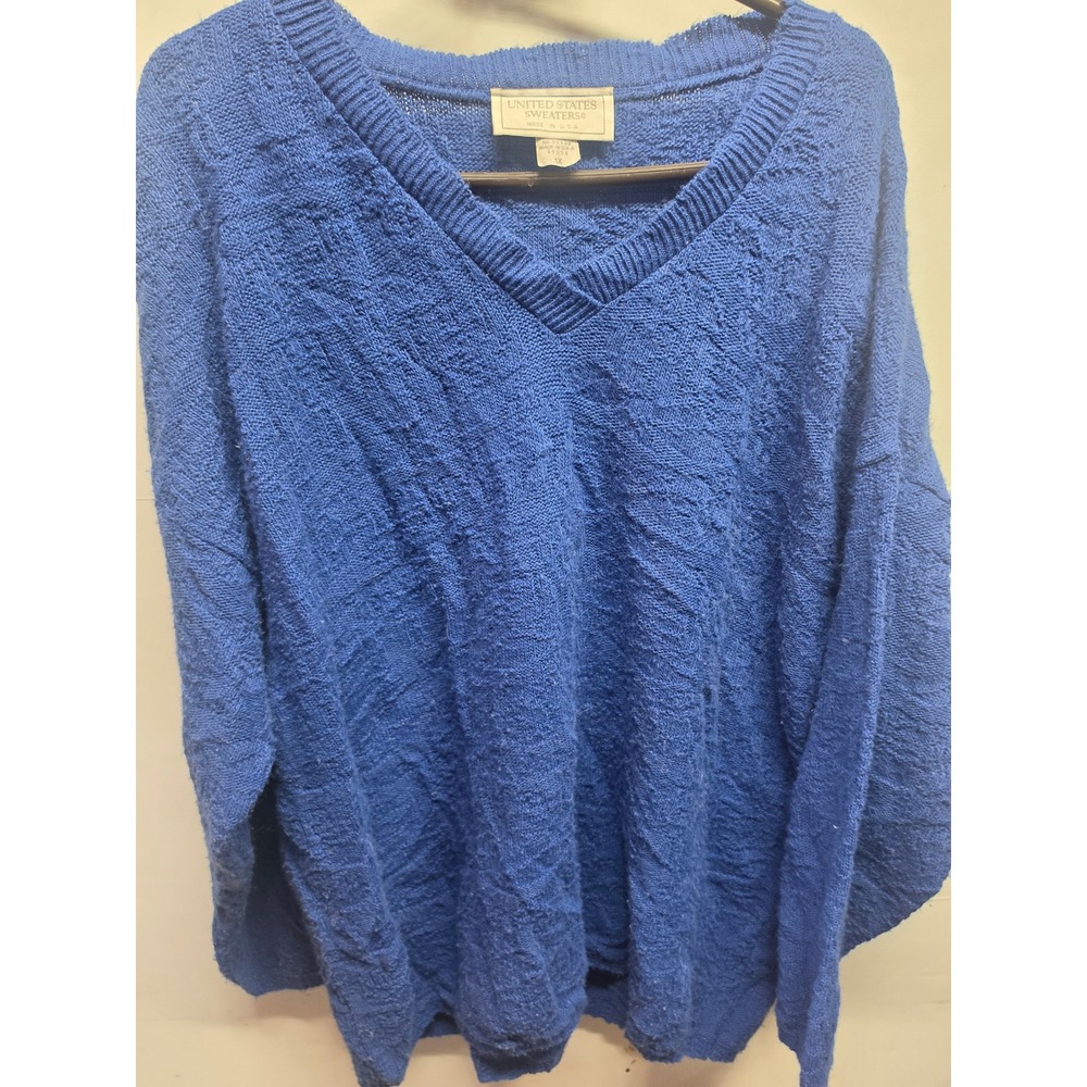 United States Sweaters Royal Blue Textured V-Neck Pullover Made in USA 1X